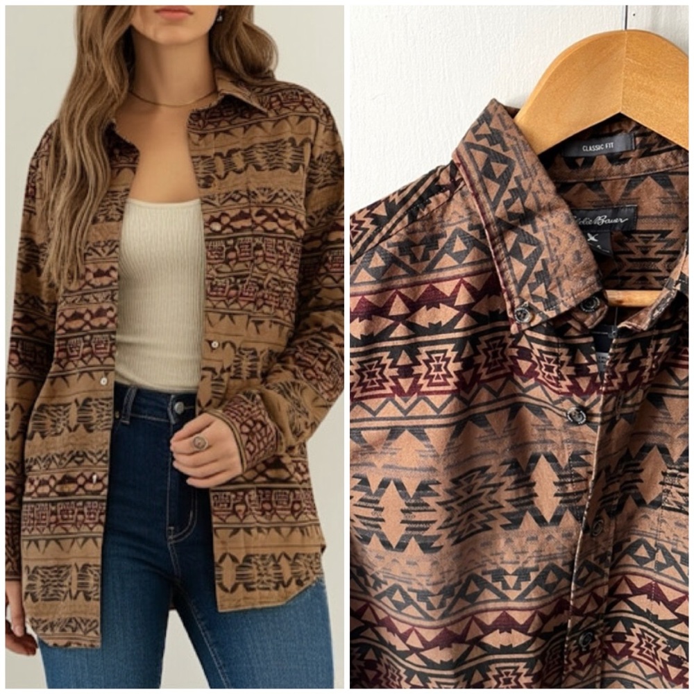 Eddie Bauer Earth Tone Western Southwestern Aztec‎ 100% Cotton Button Down Top